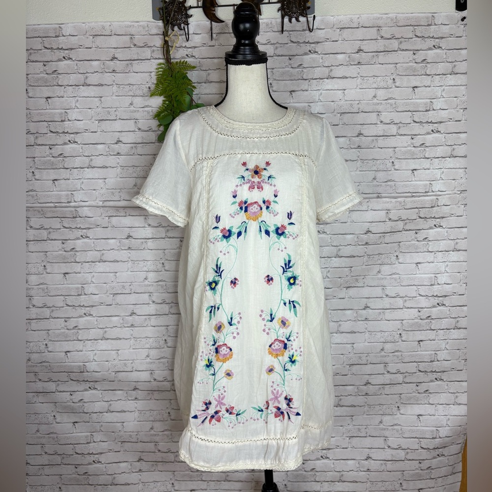 Umgee Cream Mini Dress with Multicolor Floral Embroidery